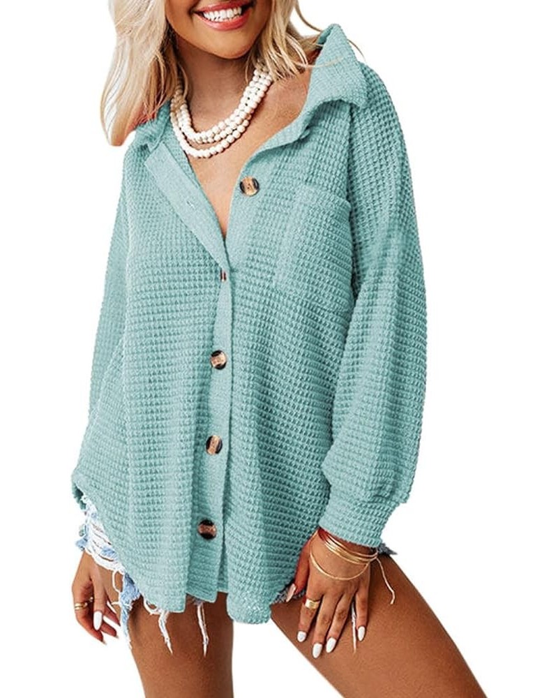 Womens Waffle Knit Shacket Jacket Casual Long Sleeve Button Down Shirts Dressy Blouses Tops Sky Blue $18.62 Blouses