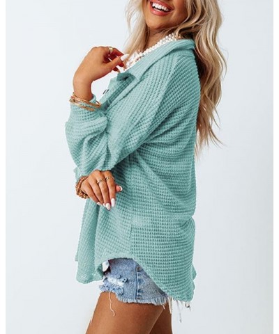 Womens Waffle Knit Shacket Jacket Casual Long Sleeve Button Down Shirts Dressy Blouses Tops Sky Blue $18.62 Blouses