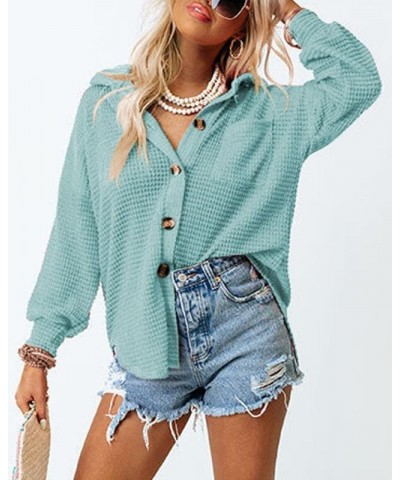 Womens Waffle Knit Shacket Jacket Casual Long Sleeve Button Down Shirts Dressy Blouses Tops Sky Blue $18.62 Blouses