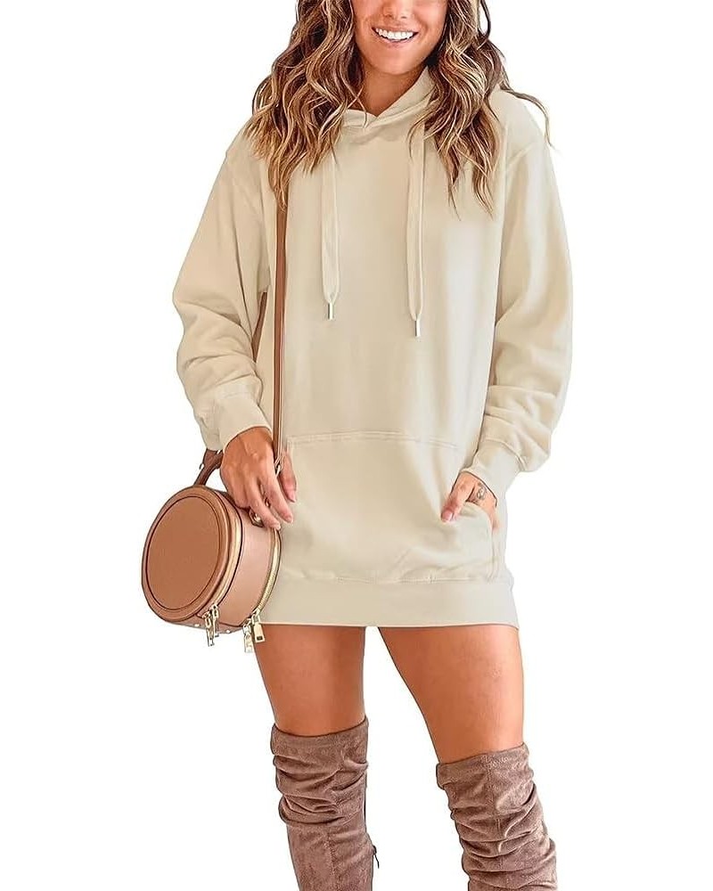 Womens Long Sleeve Drawstring Hoodie Dress Winter Casual Loose Pullover Trendy Sweatshirts with Kangaroo Pocket 01 Apricot $1...