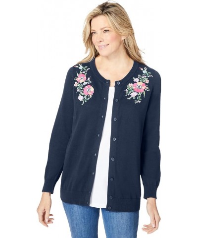 Women's Plus Size Perfect Long-Sleeve Cardigan Sweater Navy Floral Embroidery $17.74 Sweaters