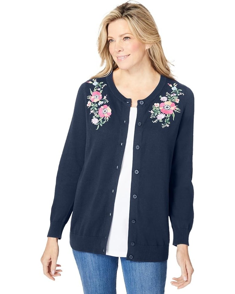 Women's Plus Size Perfect Long-Sleeve Cardigan Sweater Navy Floral Embroidery $17.74 Sweaters