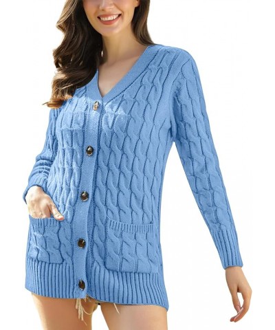 Cable Cardigan Sweaters for Women Long Sleeve Button Open Front Cardigan Coats Blue $15.89 Sweaters