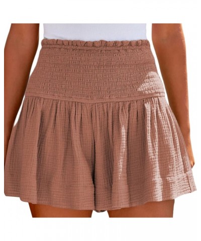 Womens Shorts Cotton High Elastic Waisted Pleated Ruffle Cute Shorts Beach Flowy Casual Shorts S-XXL Khaki $10.43 Shorts