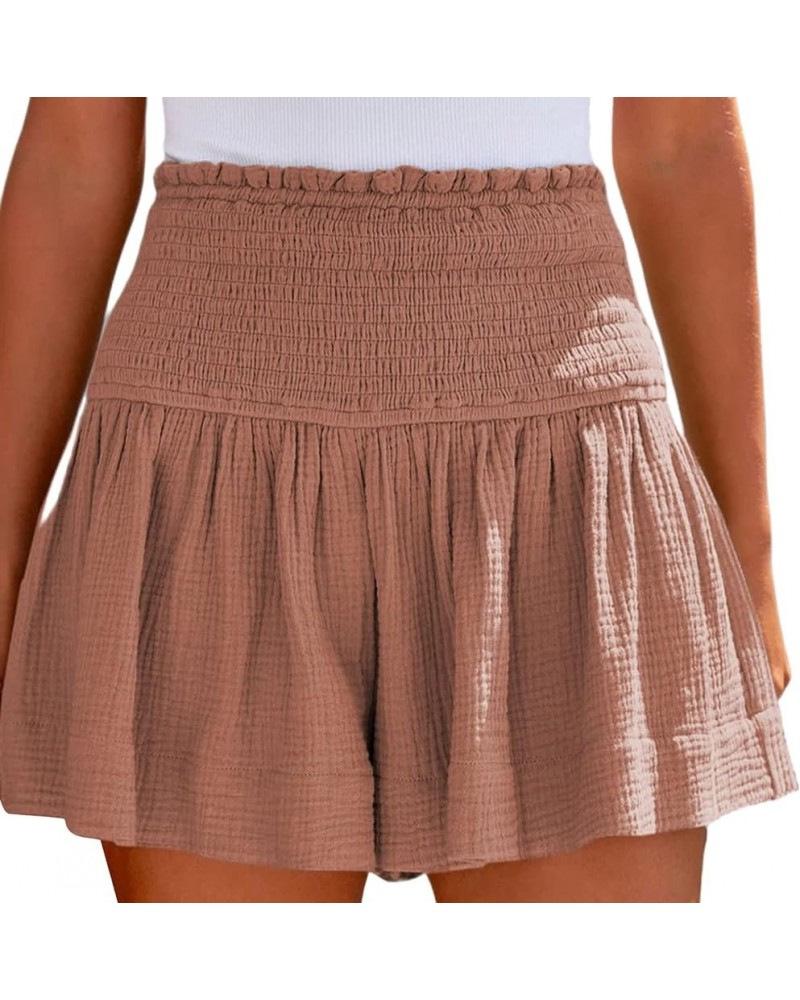 Womens Shorts Cotton High Elastic Waisted Pleated Ruffle Cute Shorts Beach Flowy Casual Shorts S-XXL Khaki $10.43 Shorts