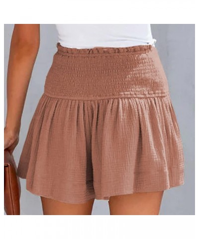 Womens Shorts Cotton High Elastic Waisted Pleated Ruffle Cute Shorts Beach Flowy Casual Shorts S-XXL Khaki $10.43 Shorts