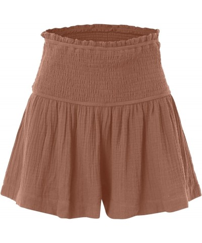 Womens Shorts Cotton High Elastic Waisted Pleated Ruffle Cute Shorts Beach Flowy Casual Shorts S-XXL Khaki $10.43 Shorts