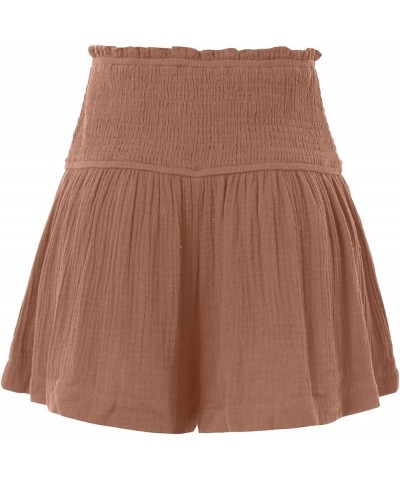 Womens Shorts Cotton High Elastic Waisted Pleated Ruffle Cute Shorts Beach Flowy Casual Shorts S-XXL Khaki $10.43 Shorts