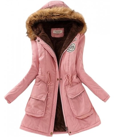 Women's Long Military Parka Jackets Fleece Thicken Puffer Coat Winter Warm Zip Up Jacket with Faux Fur Hood Light Pink $12.99...