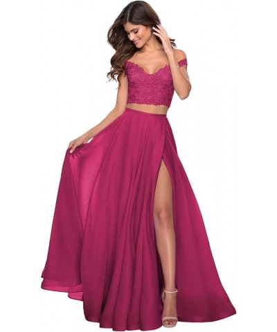 Women's Two Piece Prom Dresses Long with Slit Off Shoulder Lace Chiffon Formal Party Gowns with Pockets WD04 Fuchsia $40.51 D...