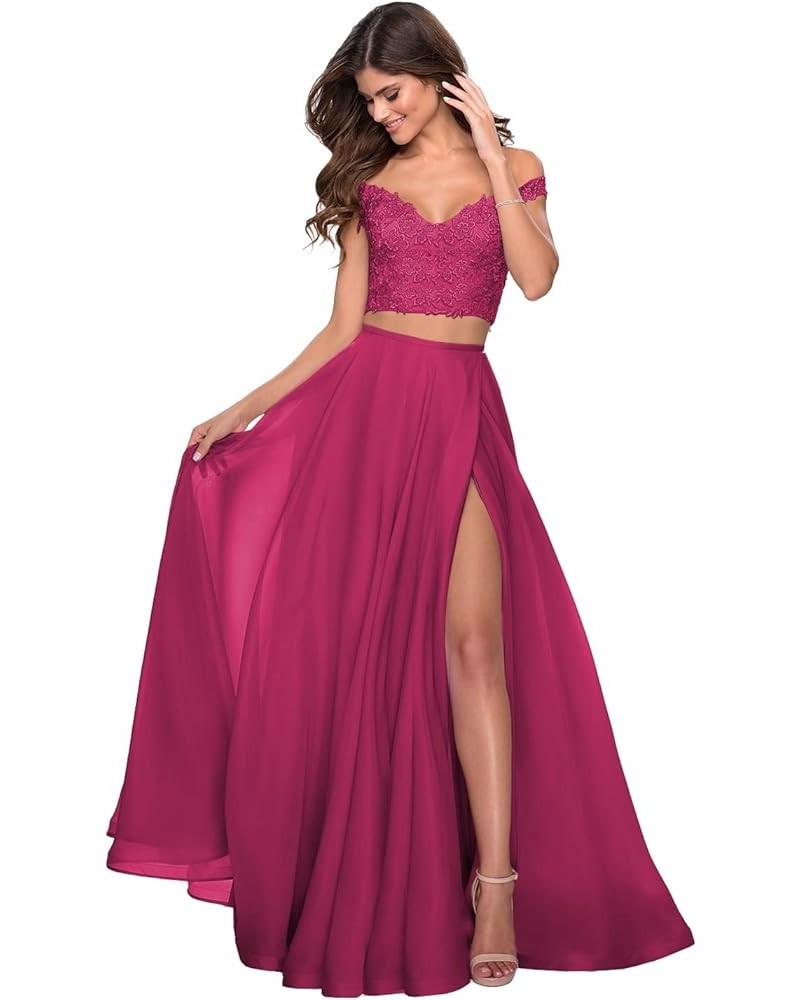 Women's Two Piece Prom Dresses Long with Slit Off Shoulder Lace Chiffon Formal Party Gowns with Pockets WD04 Fuchsia $40.51 D...