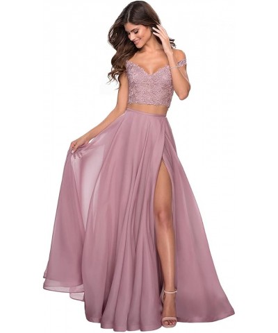 Women's Two Piece Prom Dresses Long with Slit Off Shoulder Lace Chiffon Formal Party Gowns with Pockets WD04 Fuchsia $40.51 D...