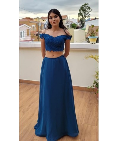 Women's Two Piece Prom Dresses Long with Slit Off Shoulder Lace Chiffon Formal Party Gowns with Pockets WD04 Fuchsia $40.51 D...