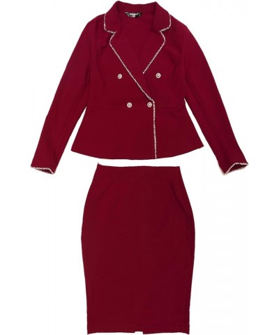 Women's 2024 Business Suit 2 Pieces Tweed Trim Blazer Jacket and Skirt Set Wine Red $29.04 Suits