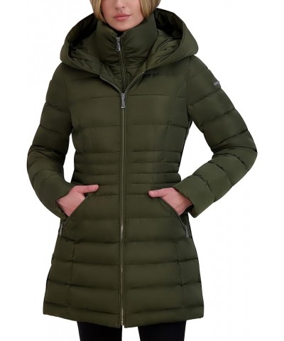 Women's 3/4 Puffer Jacket with Hood and Velvet Trim Military Green $65.43 Jackets