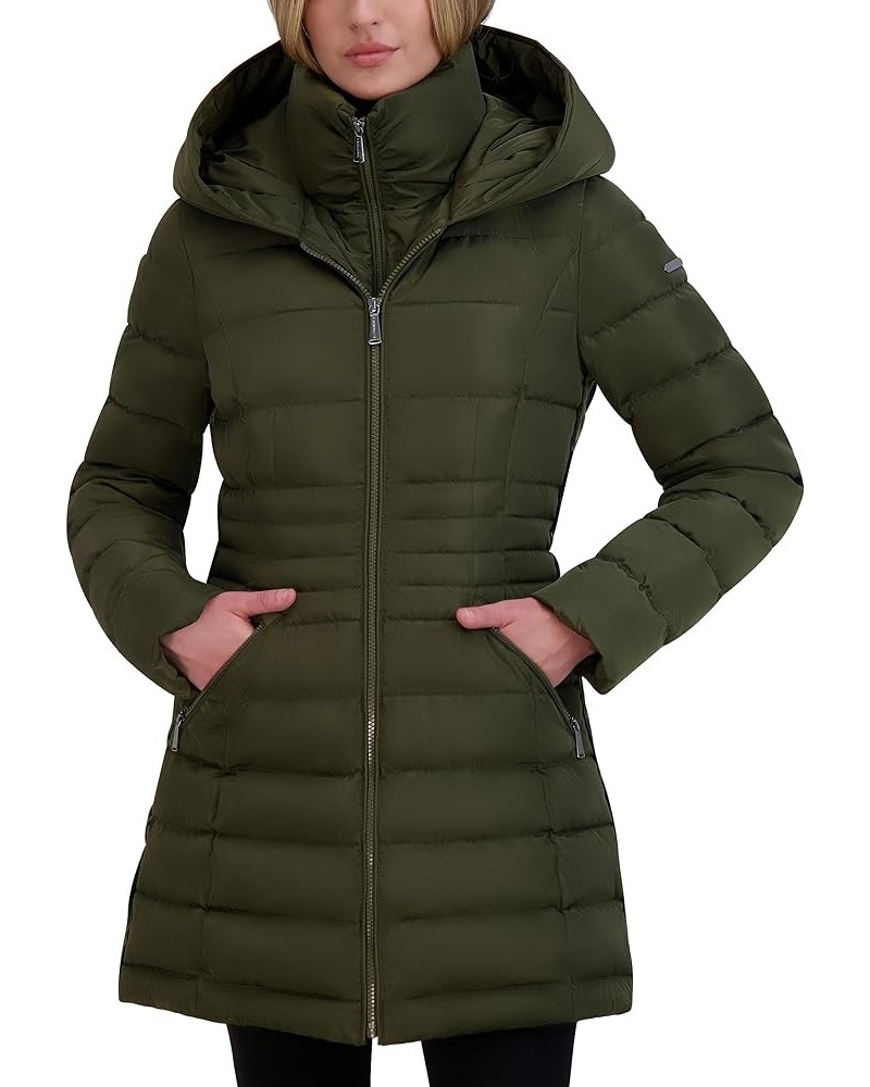 Women's 3/4 Puffer Jacket with Hood and Velvet Trim Military Green $65.43 Jackets