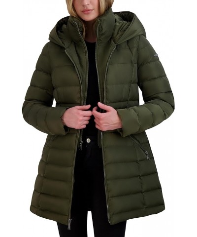 Women's 3/4 Puffer Jacket with Hood and Velvet Trim Military Green $65.43 Jackets