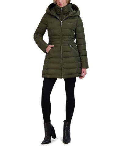 Women's 3/4 Puffer Jacket with Hood and Velvet Trim Military Green $65.43 Jackets