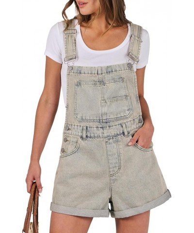 Womens's Denim Shortalls Loose Fit Sleeveless Adjustable Straps Shorts Bib Overalls Jean Shorts Washed Peach $14.21 Overalls