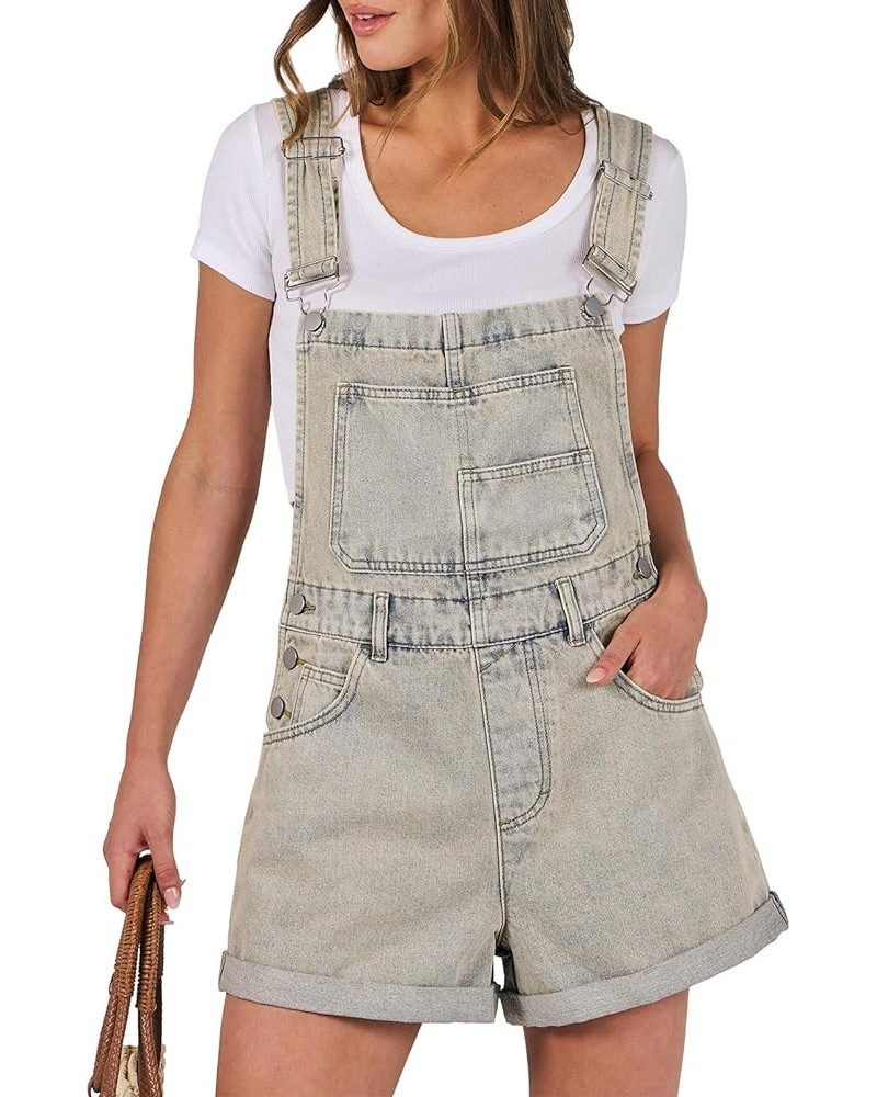 Womens's Denim Shortalls Loose Fit Sleeveless Adjustable Straps Shorts Bib Overalls Jean Shorts Washed Peach $14.21 Overalls