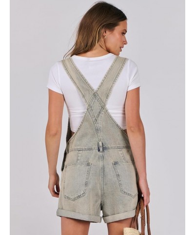 Womens's Denim Shortalls Loose Fit Sleeveless Adjustable Straps Shorts Bib Overalls Jean Shorts Washed Peach $14.21 Overalls