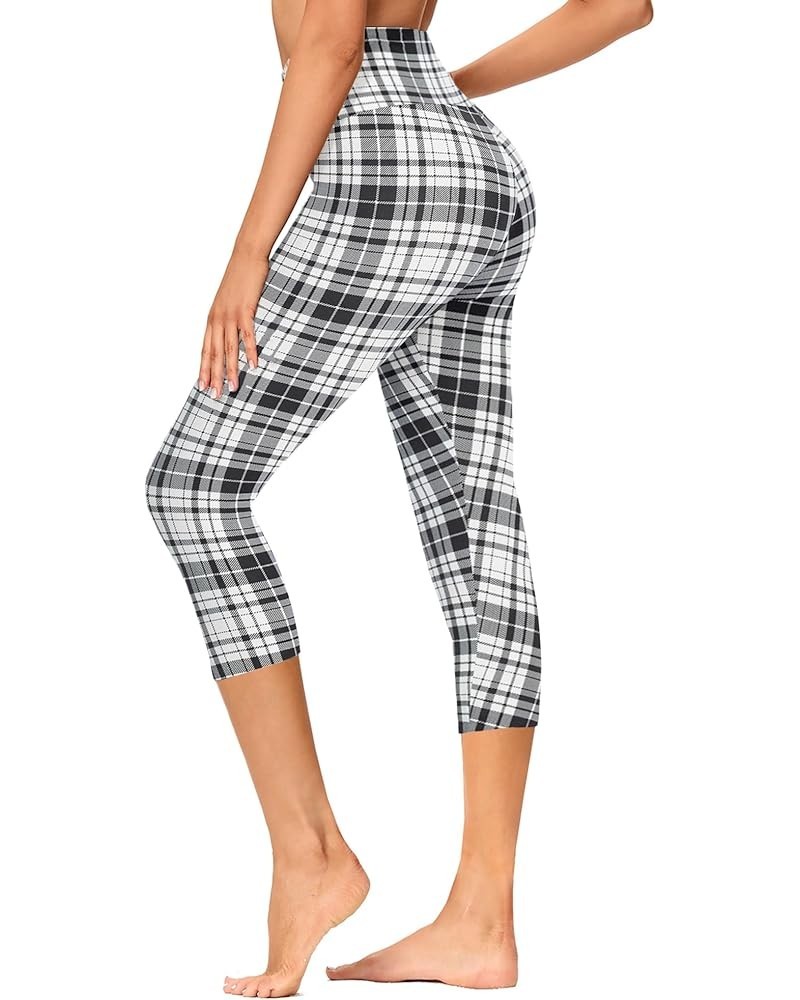 High Waisted Capri Leggings for Women - Soft Slim Yoga Pants with Pockets for Running Cycling Workout A-black White Plaid $8....