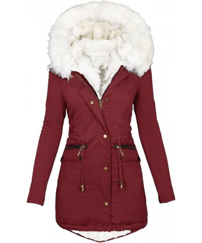 Winter Coats for Women Plus Size Thick Padded Jackets Big Collar Warm Overcoats Zipper Buttons Hooded Outerwear Wine $12.05 J...