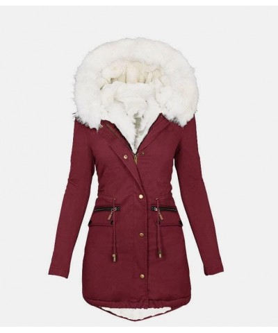 Winter Coats for Women Plus Size Thick Padded Jackets Big Collar Warm Overcoats Zipper Buttons Hooded Outerwear Wine $12.05 J...