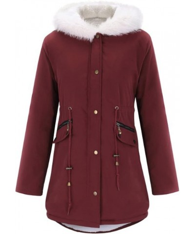 Winter Coats for Women Plus Size Thick Padded Jackets Big Collar Warm Overcoats Zipper Buttons Hooded Outerwear Wine $12.05 J...