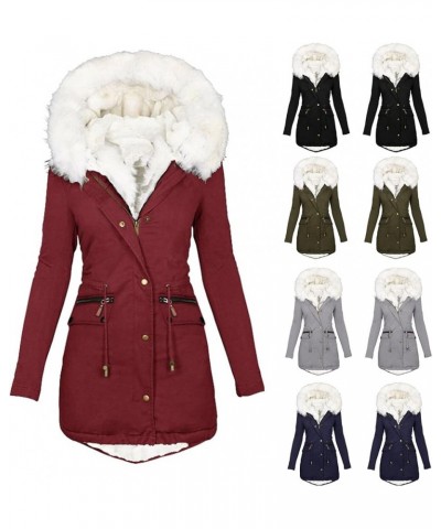 Winter Coats for Women Plus Size Thick Padded Jackets Big Collar Warm Overcoats Zipper Buttons Hooded Outerwear Wine $12.05 J...