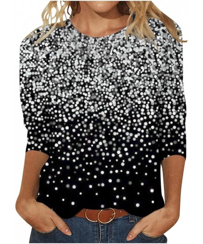 Womens Sparkle Sequin 3/4 Sleeve Top 2024 Spring Trendy Shirts Glitter Print Round Neck Tshirts Fashion Tunic Tops 02 lightni...