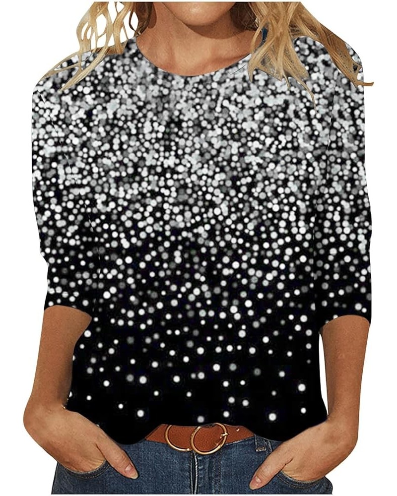 Womens Sparkle Sequin 3/4 Sleeve Top 2024 Spring Trendy Shirts Glitter Print Round Neck Tshirts Fashion Tunic Tops 02 lightni...