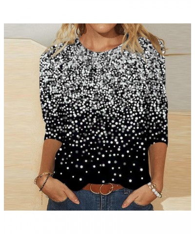 Womens Sparkle Sequin 3/4 Sleeve Top 2024 Spring Trendy Shirts Glitter Print Round Neck Tshirts Fashion Tunic Tops 02 lightni...