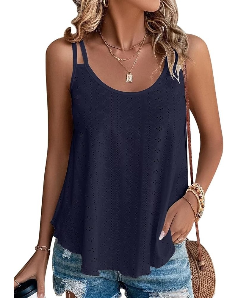 Womens Fashion Tank Tops Eyelet Embroidery Sleeveless Camisole Scoop Neck Loose Casual 2024 Summer Clothes Flowy Shirts Navy ...