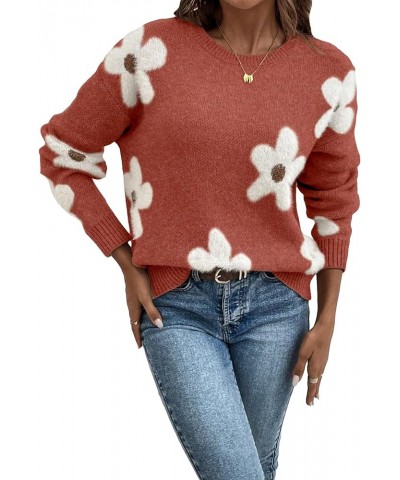 Women's Floral Pattern Long Sleeve Sweaters Drop Shoulder Crew Neck Pullover Tops Rust Brown Floral $20.70 Sweaters