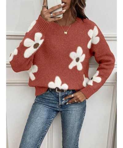 Women's Floral Pattern Long Sleeve Sweaters Drop Shoulder Crew Neck Pullover Tops Rust Brown Floral $20.70 Sweaters