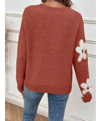 Women's Floral Pattern Long Sleeve Sweaters Drop Shoulder Crew Neck Pullover Tops Rust Brown Floral $20.70 Sweaters