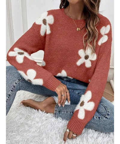 Women's Floral Pattern Long Sleeve Sweaters Drop Shoulder Crew Neck Pullover Tops Rust Brown Floral $20.70 Sweaters