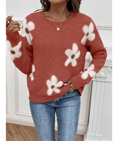 Women's Floral Pattern Long Sleeve Sweaters Drop Shoulder Crew Neck Pullover Tops Rust Brown Floral $20.70 Sweaters