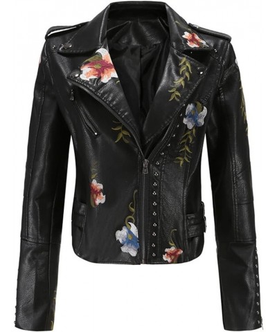 Women's Leather Jacket PU Floral Print Embroidered Inlaid Rivet Decoration Motorcycle Jacket Punk Jacket Streetwear (Color : ...