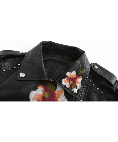 Women's Leather Jacket PU Floral Print Embroidered Inlaid Rivet Decoration Motorcycle Jacket Punk Jacket Streetwear (Color : ...