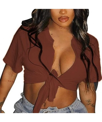 Womens Sexy Tie Front Crop Top Short Sleeve Casual Summer V Neck T Shirt Brown $8.99 T-Shirts