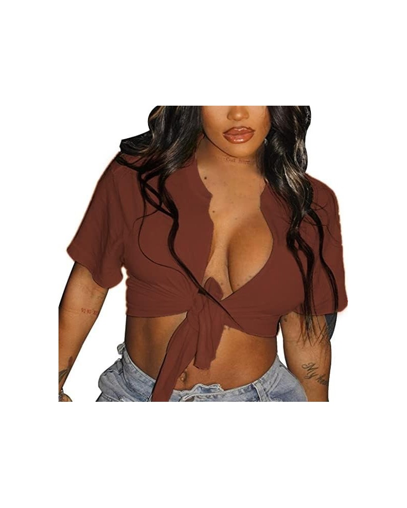 Womens Sexy Tie Front Crop Top Short Sleeve Casual Summer V Neck T Shirt Brown $8.99 T-Shirts