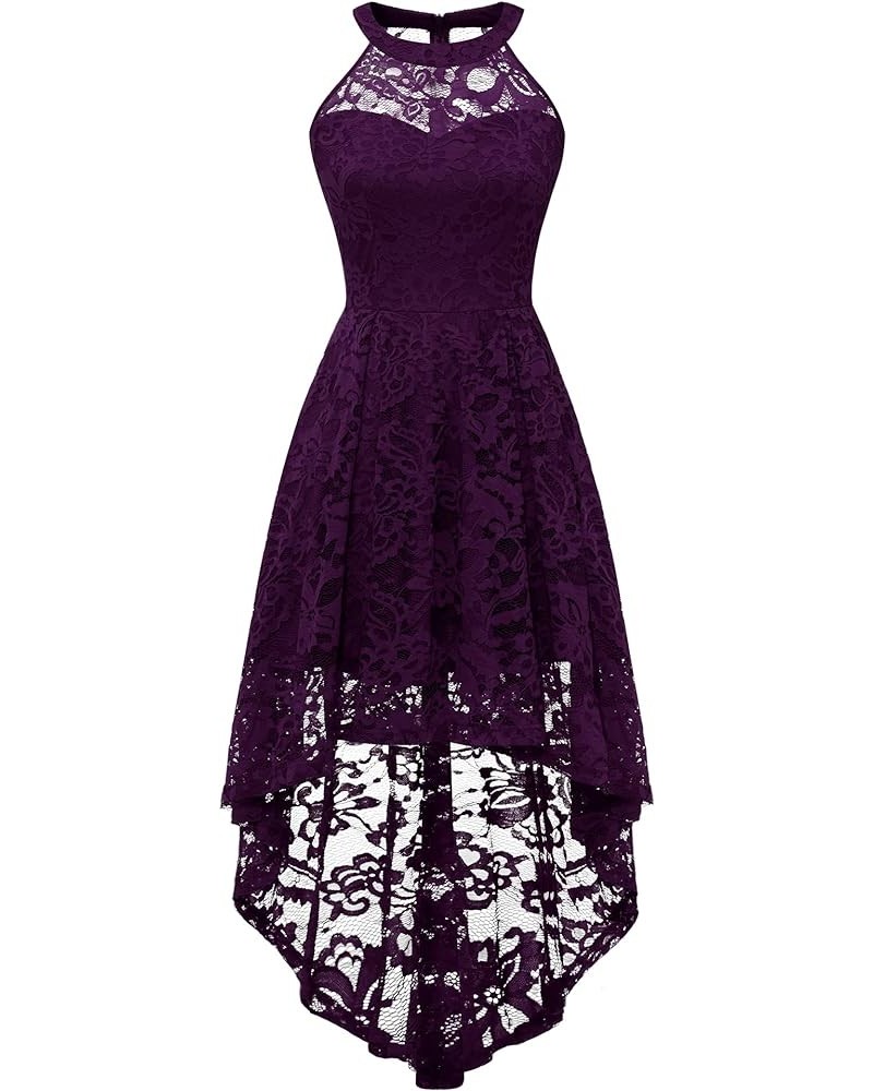 Women's Halter Floral Lace Cocktail Party Dress Hi-Lo Bridesmaid Dress B-grape $22.80 Dresses