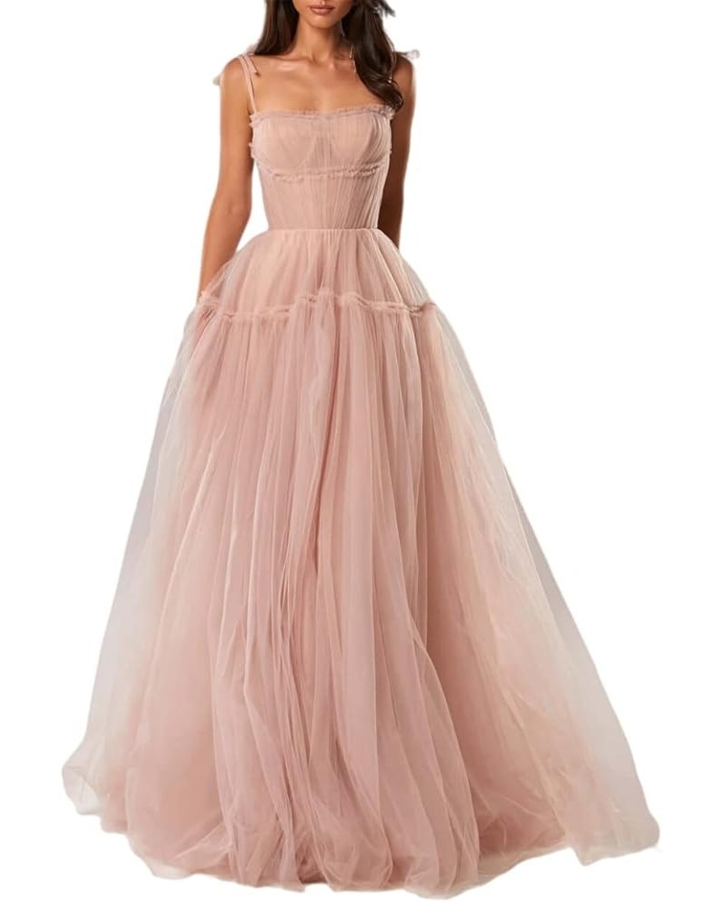 Spaghetti Straps Prom Dresses Tulle Long Formal Evening Party Gowns for Women Backless Bridesmaid Dress A-Line Blush $34.44 D...