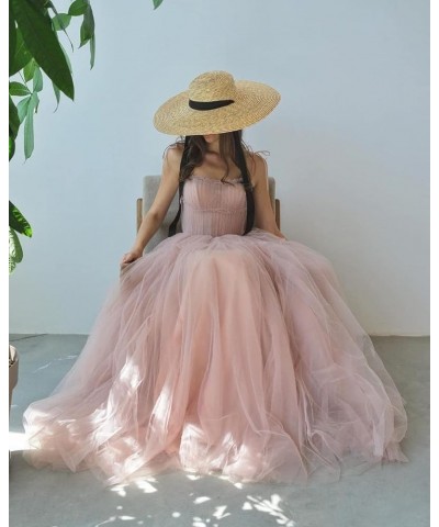 Spaghetti Straps Prom Dresses Tulle Long Formal Evening Party Gowns for Women Backless Bridesmaid Dress A-Line Blush $34.44 D...