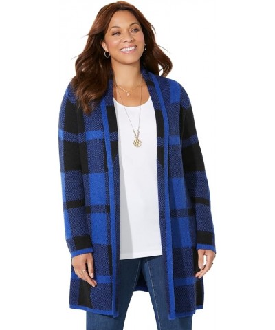 Women's Plus Size Country Village Sweater Cardigan Dark Sapphire Black Buffalo Plaid $25.73 Sweaters