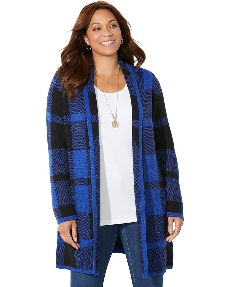 Women's Plus Size Country Village Sweater Cardigan Dark Sapphire Black Buffalo Plaid $25.73 Sweaters