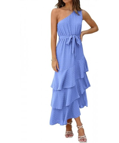 Women's Summer Floral Sundress Casual One Shoulder Tiered Ruffle Flowy Midi Beach Boho Dresses Swiss Dot Blue $23.39 Dresses