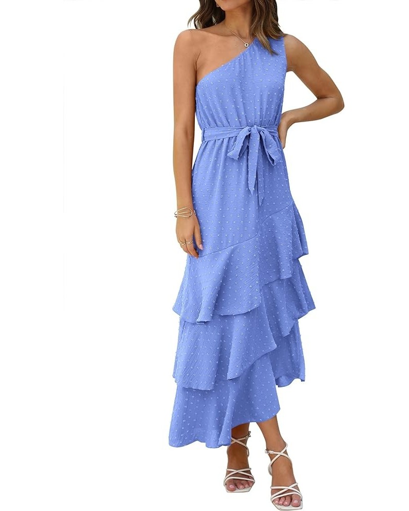 Women's Summer Floral Sundress Casual One Shoulder Tiered Ruffle Flowy Midi Beach Boho Dresses Swiss Dot Blue $23.39 Dresses